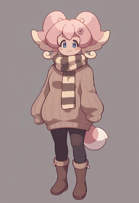score_9, score_8_up, score_7_up, score_6_up, score_5_up, score_4_up, standing, looking at viewer, dynamic pose, simple background, 1girl, N3kolac3y, pink hair, two-tone hair, blue eyes, twintails, striped scarf, ribbed sweater, black pantyhose, brown boots, sleeves past fingers, sweater dress, solo, smile, short tail