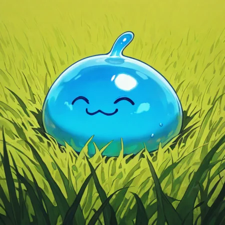 slime_(creature), blue body, transluscent body, :3, grass field