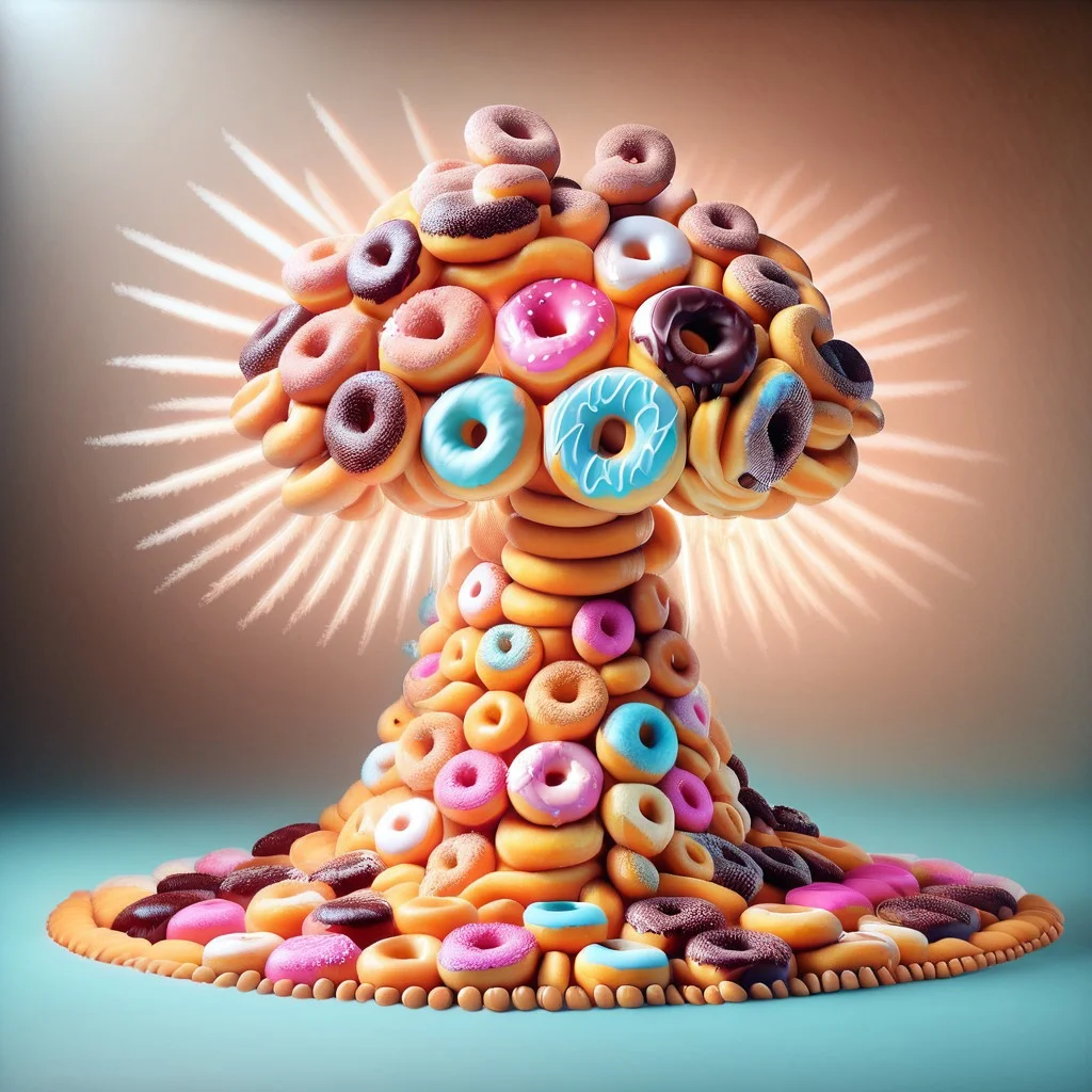 d0nu71f13d, made of doughnuts, A surreal landscape where everything resembles donuts; rolling hills shaped like glazed donuts with sprinkles; rivers of flowing chocolate glaze; vibrant skies with clouds resembling powdered sugar; donut-shaped trees with jelly-filled centers; a colorful, forest, whimsical atmosphere; candy-colored bridges made of icing; donut-shaped cities with sparkling sugar buildings; soft pastel tones; a cheerful and fantastical mood; high detail, hyper-realistic textures on donuts; intricate patterns on sprinkles; warm lighting that creates a cozy, edible world; imaginative and playful vibe