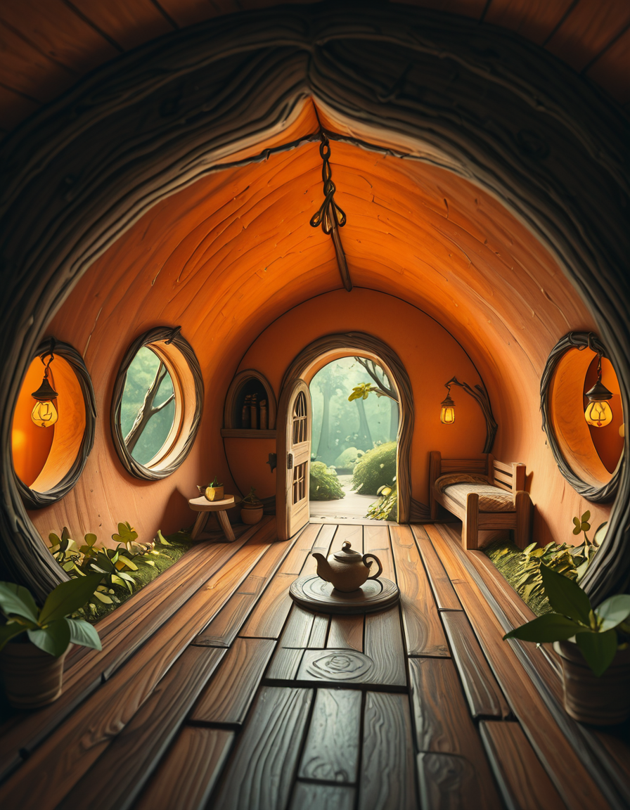 A highly detailed, realistic photograph of a tiny gnome house nestled at the base of an ancient oak tree, taken in soft morning light with a gentle mist hanging in the air. The house is crafted from natural materials: smooth stones form the lower walls, and curved wooden planks create a round, thatched roof with patches of moss and small wildflowers growing on top. Tiny circular windows with stained glass panels glow faintly from within, casting warm amber and green hues. A miniature wooden door with intricate carvings sits slightly ajar, surrounded by tiny lanterns that hang from delicate hooks, each softly glowing. Around the house, the forest floor is covered in dew-kissed clover, mushrooms of varying sizes and colors, and winding little cobblestone paths. In the background, tall ferns and oversized leaves tower, giving the scene an enchanted, hidden feel. Subtle rays of sunlight break through the canopy above, highlighting fine details with a dreamy, ethereal atmosphere. Hyper-realistic style, high-resolution, rich earthy tones, with an overall cozy and magical woodland vibe. No creatures or people, only nature and the charming architecture of the gnome's home.
<lora:SDXLFaeTastic2400:0.4> <lora:extremely_detailed:0.4> extremely detailed, <lora:tiny_gnome_h0us3-i:1>,tiny gnome h0us3, Masterpiece,best quality,hi res,8k,hi res,8k,award winning,(sharp focus, intricate, highly detailed),