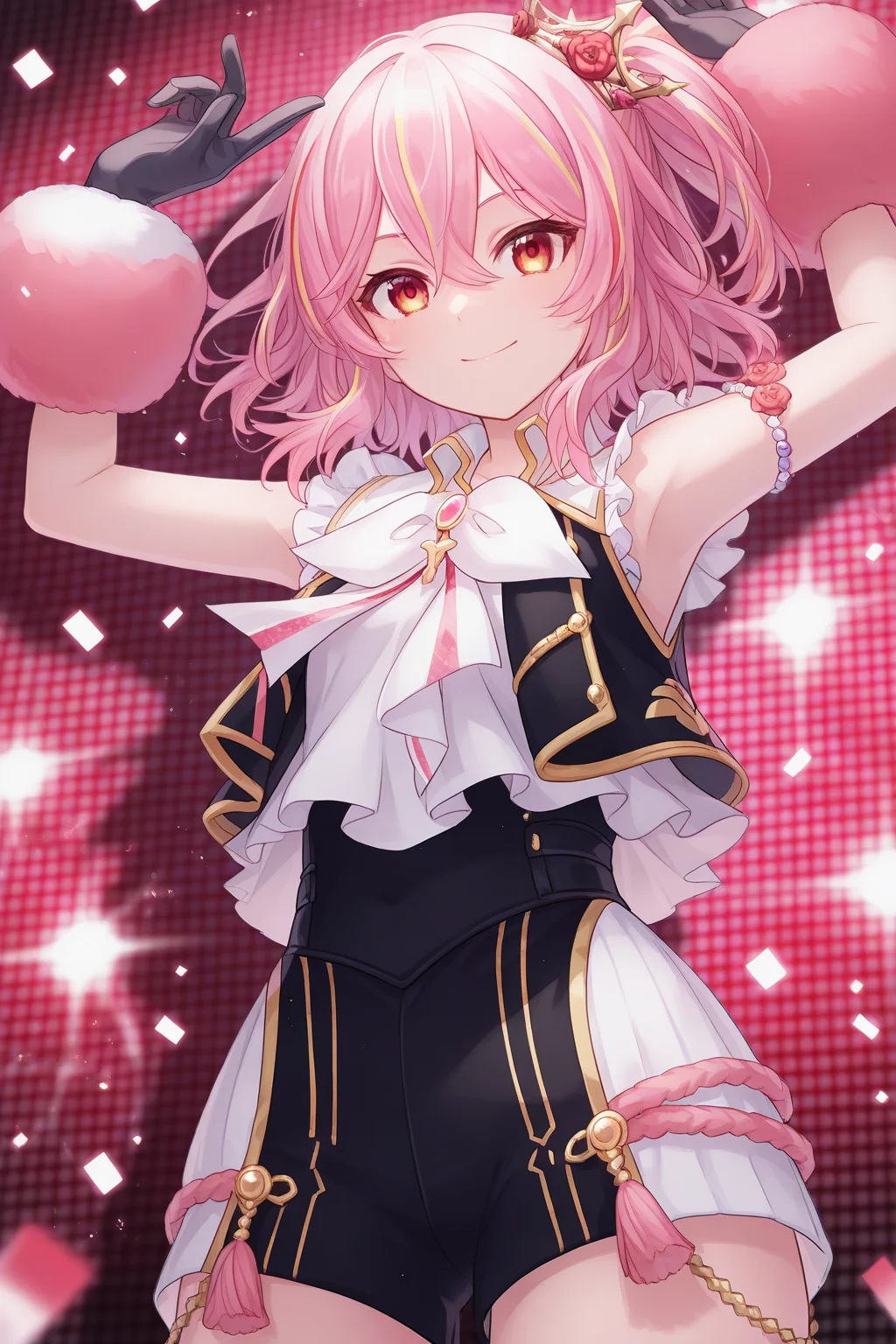 1girl, RLIdolHairstyle, RLIdolCostume,
general, solo, perspective, dynamic angle, upper body,
medium hair, pink hair, short sidetail, multicolored hair, red eyes, 
idol, mini crown, red rose, vest, sleeveless, white bowtie,
armband, frilled gloves,
black shorts,
looking at viewer, light smile,
depth of field,
<lora:kp_RosemiLovelockNijisanjiIllustrious_v1_0:1.0>,
masterpiece, best quality, amazing quality