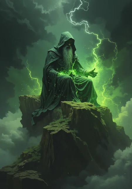 Dark fantasy illustration of an ancient wizard sitting, floating, on top of a mountain, misty fog, green fire and sparks <lora:Aura_Flux:1> <lora:darkfantasy_illustration_v2:1.2>