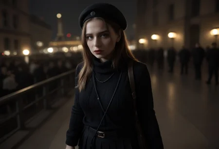 1girl, Focus Pito from slightly above she is wearing a black scarf, black wool French beret, black and white cable knit sweater, solid black pleated pants, holding a long cinerite un lit and stands in front of the Eiffel tower 35mm photograph, film, bokeh, professional, 4k, highly detailed,