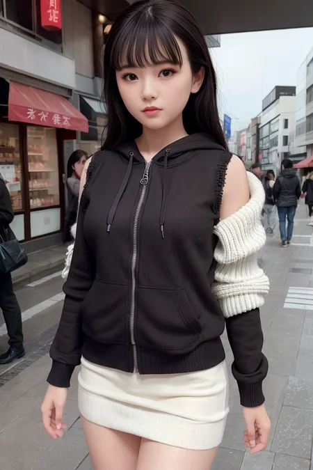 (skin blemish:1.2), (skindentation), black eye, 1woman, 25yo, (((woman))), solo, realistic,  best quality, photorealistic, masterpiece, 8k, high res, solo, extremely detailed face,  (professional lighting, bokeh), (light particles, lens flare, glowing particles:0.6), (dynamic pose:1.2), soft lighting, top angle view, fashionable and trendy atmosphere, japan, (street:1), tokyo, (city), ((daytime)), sky,  ((looking at the viewer:1)), (looking at the camera),(portrait:0.6), cowboy shot, gorgeous, walking, keep original facial proportion, wide shoulder, full body,  (medium breast),  (long hair), brown hair, floating hair, lips, lipstick, seductive smile, floating hair, smile, open_mouth, teeth, eye_ring, hood, (hoodie:1), sweater,  jacket,  plaid, plaid_skirt,, eyelashes, mole, (mole under eye:1),   <lora:NaganoS:0.75>