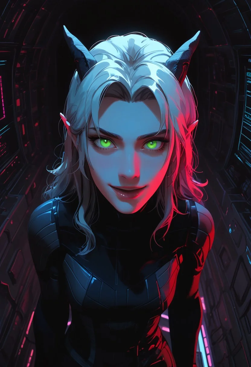 ((score_9_up, score_8_up, score_7_up:1.3)), rating_safe, face closeup, 1girl, rayla, long hair, white hair, horns, pointy ears, green eyes, (very attractive face), wide hips, image from above, (expressive eyes), (cobalt blue, white and magenta plugsuit:1.1), futuristic style, inside spaceship cabin, circular window, seated on window seat (futuristic computer monitors, gauges, lights:1.1), detailed background, amazing background, neon, glow, glowing, (bioluminescence:1.1), high contrast, dynamic angle, dynamic pose, laughing expression, very aesthetic, diffused lighting, every detail illuminated, ultra-detailed, masterpiece artwork, flawless anatomy, easynegative, eye catching, Expressiveh, g0thicPXL, glowing, neon, TDPStyle,