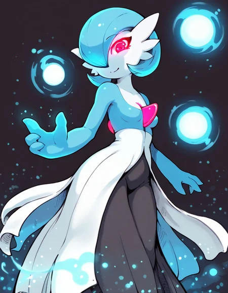 score_9,score_8_up,score_7_up, <lora:Ibukichi_Artist:1>, black eyeliner, gardevoir, pokemon \(creature\),two-tone_skin, glowing eyes, perspective distortion, solo, looking at viewer, smile, small breasts, shiny pokemon, blue skin , blue theme, black background, glowing hair, glowing eyes, energy aura , light particles, limited palette, long skirt, bloom effect,