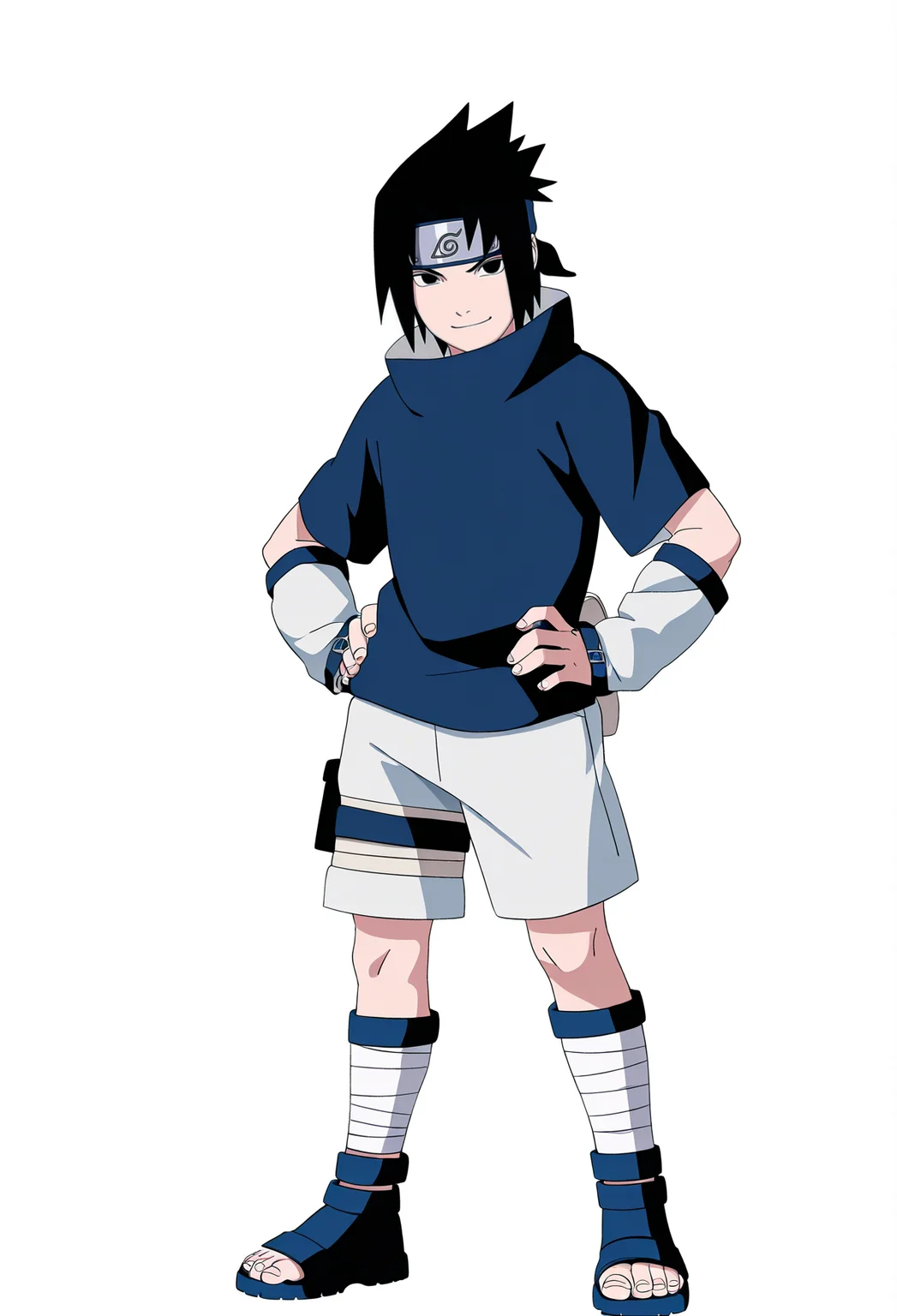 masterpiece, best quality, very aesthetic, absurdres,
1boy, uchiha sasuke, black hair, black eyes,
forehead protector, blue shirt, white shorts, sandals,
hands on hips, standing, full body,
smile, (solo:1.3), looking at viewer, simple background, white background, <lora:SasukeGeninNoobXL_byKonan:1>