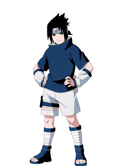 masterpiece, best quality, very aesthetic, absurdres,
1boy, uchiha sasuke, black hair, black eyes,
forehead protector, blue shirt, white shorts, sandals,
hands on hips, standing, full body,
smile, (solo:1.3), looking at viewer, simple background, white background, <lora:SasukeGeninNoobXL_byKonan:1>