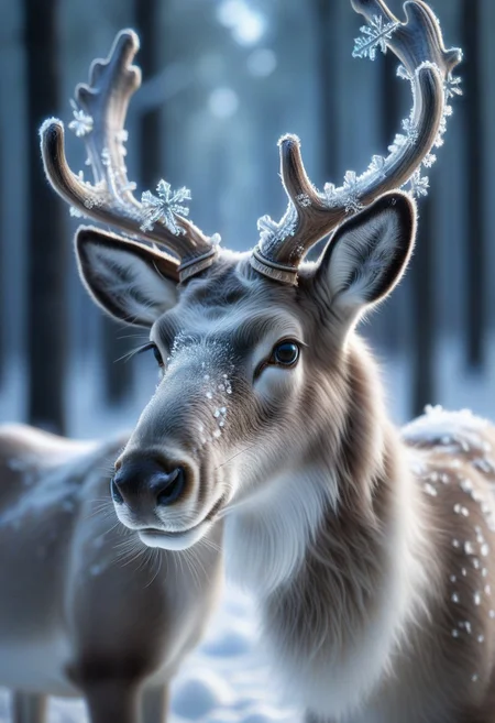 snowflake, A hyper-realistic close-up of a majestic reindeer, its soft, velvety fur dusted with snowflakes. The reindeer's large, expressive eyes glisten with warmth, and its antlers are adorned with a delicate layer of frost, catching the soft light of a snowy winter day.
Snowflakes gently fall around the scene, some resting lightly on the reindeer's nose and fur, while others sparkle in the cool, ambient light. The background is softly blurred, suggesting a serene snowy forest, with bokeh-like effects from light filtering through the trees.
The atmosphere is tranquil and magical, emphasizing the natural beauty of the reindeer and the intricate, crystalline details of the snowflakes. The overall composition captures a peaceful moment that feels both intimate and enchanting.