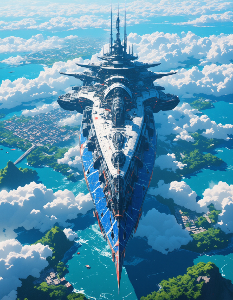 <lora:SW_Minis_7fluxc:1> above city and lakes, blue, day, epic scale, fantasy, huge angular design mothership, illuminated, kanji, marble, rough sea, t9