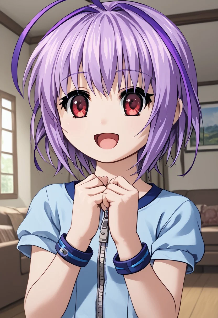 score_4,score_5,score_6,score_7_up,score_8_up,score_9
((masterpiece,best quality,ultra detailed,highres,HD,4k:1.2)),
1 girl,solo,girl forcus,upper body,
Purple hair,side locks,ahoge,multicolored hair,short hair, red eyes, short sleeves, blue dress, zipper, bracelet, thighs, bare legs,shoes,
smile,open mouth,happy,room,living room,
