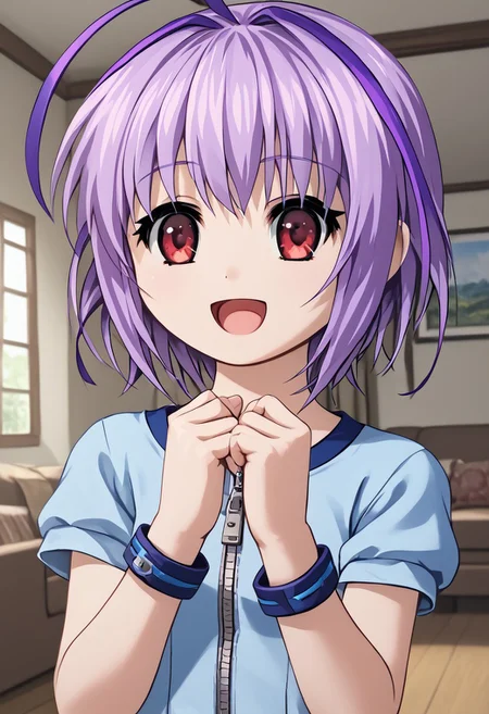 score_4,score_5,score_6,score_7_up,score_8_up,score_9
((masterpiece,best quality,ultra detailed,highres,HD,4k:1.2)),
1 girl,solo,girl forcus,upper body,
Purple hair,side locks,ahoge,multicolored hair,short hair, red eyes, short sleeves, blue dress, zipper, bracelet, thighs, bare legs,shoes,
smile,open mouth,happy,room,living room,