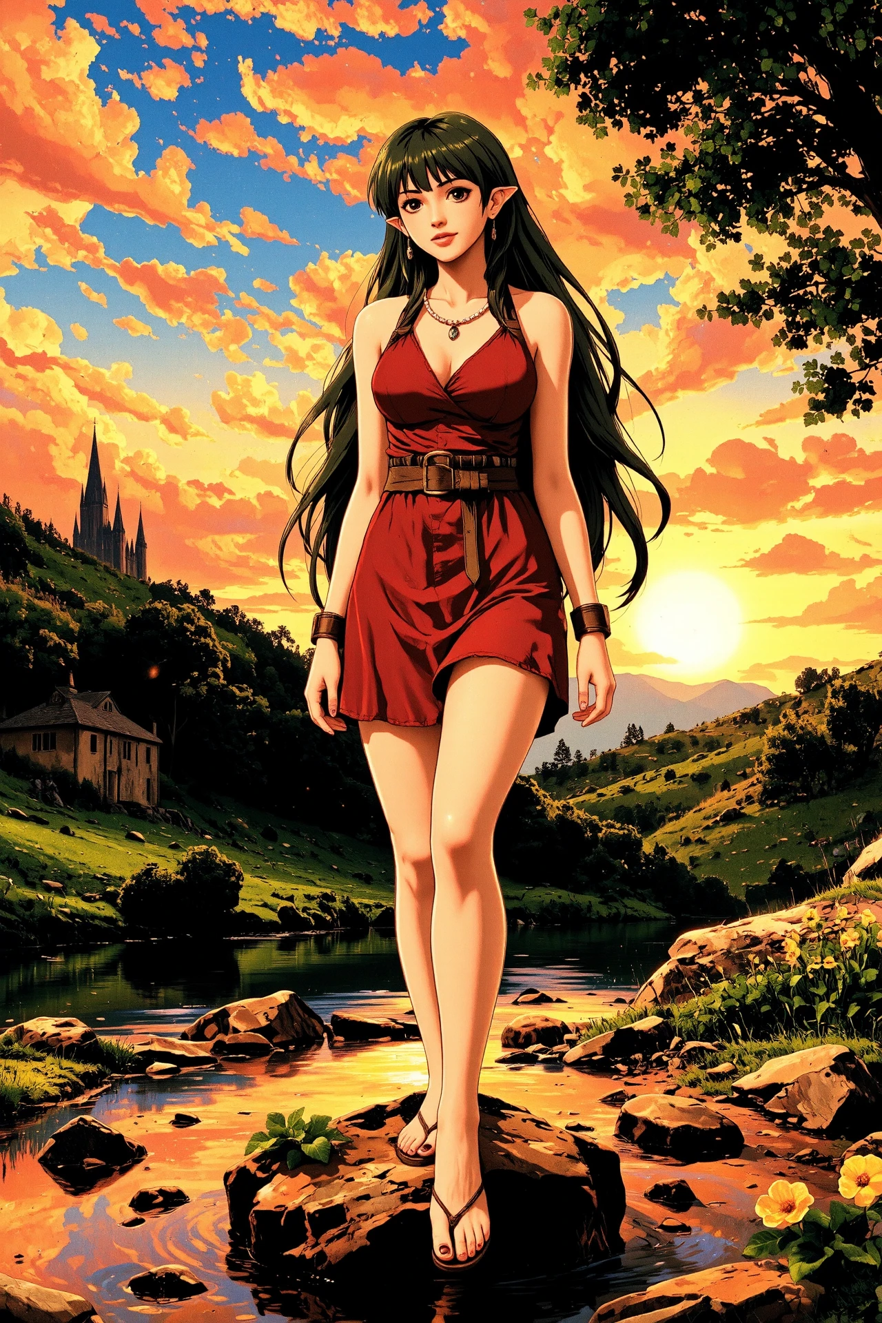 pointy hair green hair young woman, druid, anime, comic, illustration, extremely detailed, portrait, standing, happy smile, flower in hair, glossy lipstick, celtic necklace, pearl earrings, loincloth, roman sandals,  Pale red druid short dress, legs, sharp focus, fantasy, celtic landscape, small rock, moss, ripples, reflections, celtic  castle, small river pond, druid forest, druid village, stunning nature environment, enchanted land, clovers, Bright Viridian flowers, best quality, colorful, wet floor, bright sunny sky, sunset, raytracing, hdr, high contrast, ethereal natural lights, backlight, lens flare, shadows, vibrant colors, colorful, pretty, beautiful, happy, smiling, feminine, sexy, lovely, in love, adorable, fashion,  <lora:Hand v2:1> <lora:Anti-Blur:1><lora:Insane Detail Slider:0.5>  <lora:flux.1_lora_flyway_Epic-detail_v2:0.3><lora:fluxenhancer:0.5> <lora:RetroAnimeFluxV1:0.4> <lora:Luminous_Shadowscape:0.4>