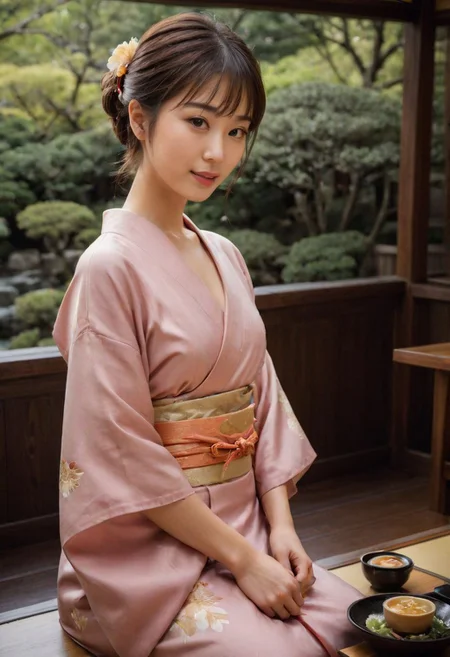 From frontal below :1.3,(dark background:1.3),(sitting behind wood table:1.631),(restaurant at ryokan:1.2),(Japanese tea cups and ((sukiyaki ))on table:1.63),((sukiyaki :1.5)),(beautiful real texture :1),smile face:1,(royal),10k,(real skin texture:1),high resolution,(one 32 years old elegant Japanese woman wearing in jyuban and colored long kimono:1.2), (looking at garden :1.4),exquisite face:1,(163cm tall:1),(fine wrinkle :1.),(detailed innocent girls face:1.), NegfeetV2,(dazzling expression:1.4),(small single chignon:1), (only (one side )breast out:1.54)