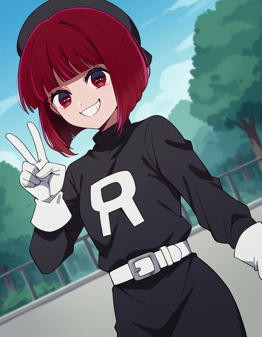 score_9, score_8_up, score_7_up, source_anime, kanaarima, <lora:kana-arima-s1-ponyxl-lora-nochekaiser:1>, kana arima, short hair, bangs, red eyes, red hair, bob cut,, <lora:team-rocket-uniform-ponyxl-lora-nochekaiser:1>, team rocket uniform, black hat, black shirt, black skirt, white belt, white gloves, single letter,, smile, smug, v, outdoors,, cowboy shot, dutch angle, looking at viewer,