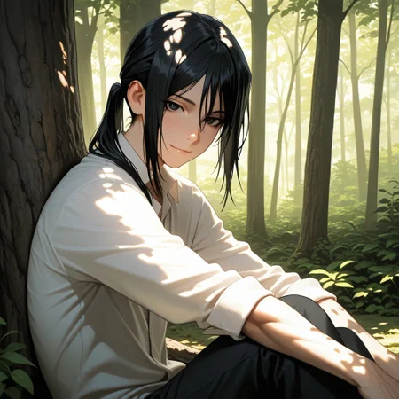 masterpiece, best quality, amazing quality, absurdres, newest, detailed background, definition so sharp, Ultra-HD, 8K cinematic, very awa, impressionate, amazing quality, highres, 
solo, male focus, manly, 
kurohyatogami, kuroh_black hair, kuroh_black eyes, 1boy, low tied hair, long hair, 
looking at viewer, soft smile, sitting, leaning against a tree, forest, dappled sunlight, peaceful, calm, warm, caring, cool, relaxed