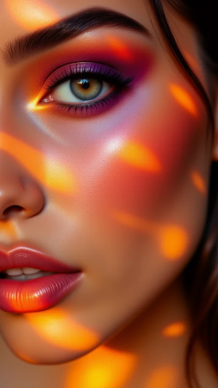A close-up of a supermodel with makeup inspired by the colors of a sunset. Her eyeshadow is a gradient of orange, pink, and purple, blending seamlessly from her eyelids to the brow bone. A soft golden highlight on her cheeks and nose mimics the warm glow of the setting sun,<lora:BetterPortraits:0.7>, jedjv1, <lora:JedJourney_epoch_7:0.3>