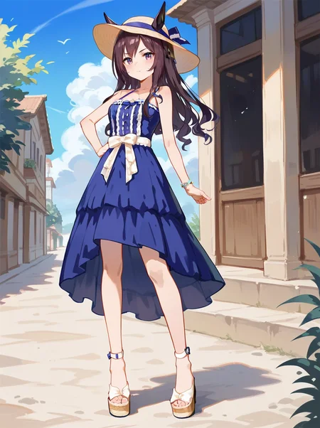 score_9, score_8_up, score_7_up, rating_safe, masterpiece, best quality, absurdres, source_anime,
mejiro dober \(umamusume\), 1girl, horse ears, full body, looking at viewer, sun hat, sleeveless, platform sandals, tachi-e, bracelet, ears through headwear, hand on own hip, closed mouth, collarbone, standing, cleavage, vacation_safir, official alternate hairstyle, bare shoulders blue dress, white waist bow, white ankle strap 16yo
 <lora:pony_mejiro_dober_v1.0:0.8>