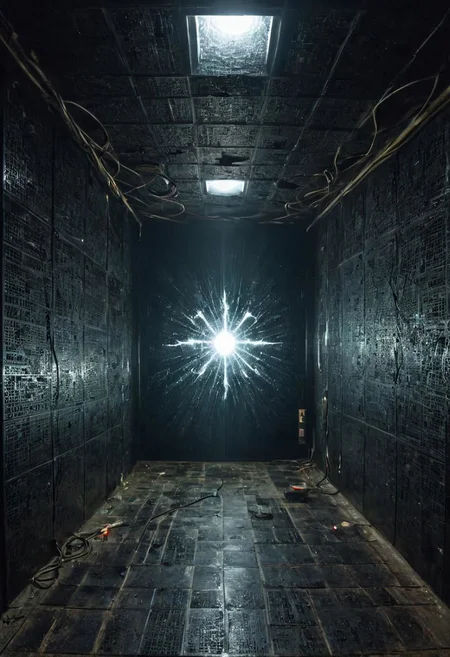 a dystopian matrix abyss by H.P. Lovecraft, a long floor into eternity, black reflecting tiles, dimmed lightning, vintage sci-fi led panels, electrical panels, neo pale man in the end of the floor, looking to viewer, tool band art