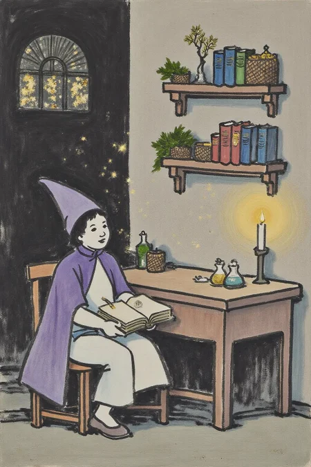 fzk1 minimalist ink painting. A three-year-old asian boy dressed as a little wizard, wearing a purple hat and a blue cape, sitting by an old spellbook in a cozy, enchanted room. Magical sparkles float around him, illuminating his curious expression, as tiny potions bubble nearby on a rustic wooden table. Shelves filled with ancient books and mystical trinkets line the walls, and soft candlelight casts a warm glow, creating a whimsical, magical atmosphere <lora:fzk2_nocap_d6a3:1.0><lora:815027996692842083:0>