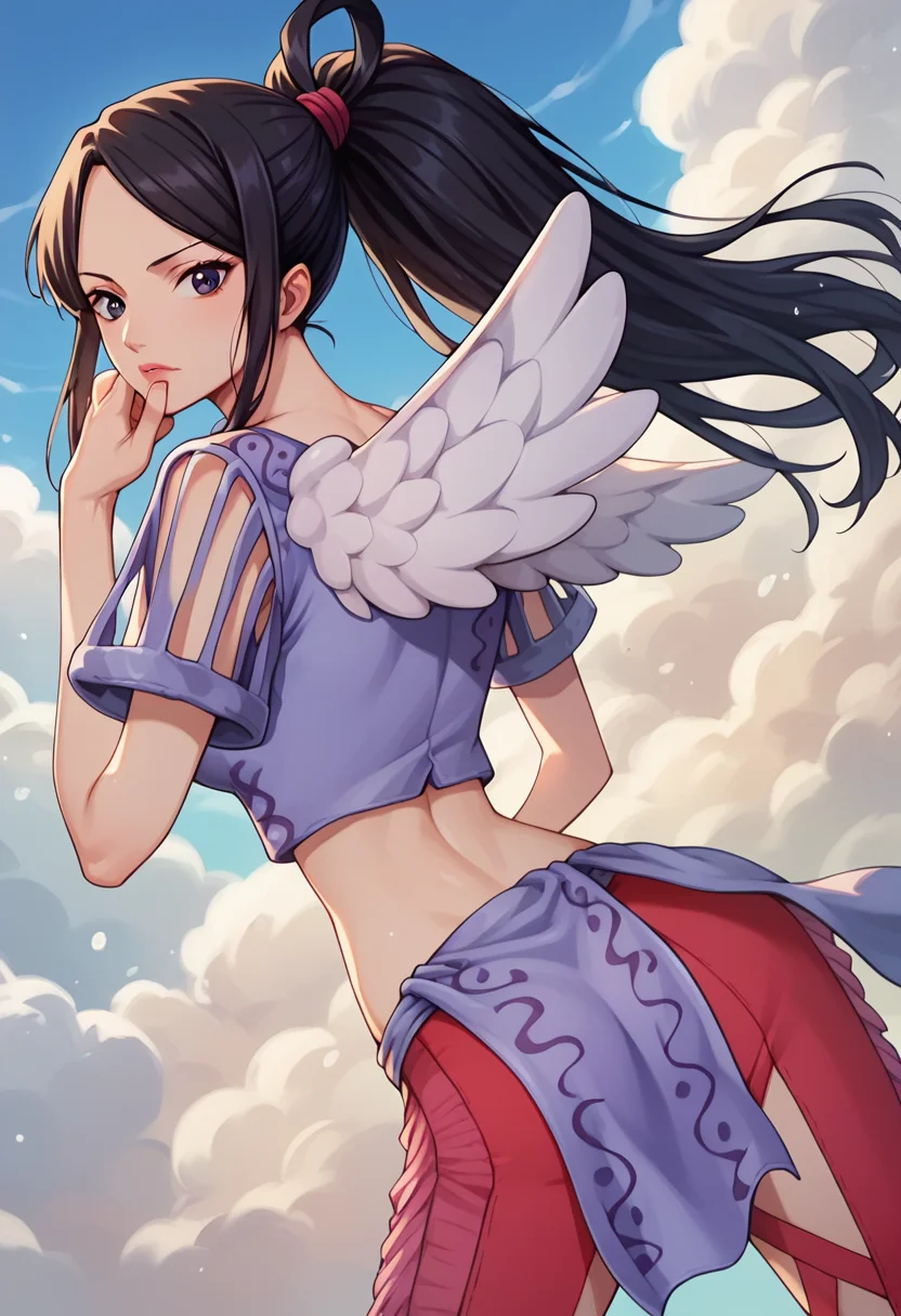 score_9, score_8_up, score_7_up, score_6_up, score_5_up, score_4_up, 1girl, Laki, purple cropped jacket, red legwear, leg cutout, fringe trim, purple loincloth, wings, black hair, ponytail, sidelocks, hair knot, black eyes, looking at viewer, cute, from behind, clouds, detailed background, <lora:Laki_pony:1>