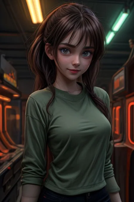 Elliot 2, green eyes, brown hair, low ponytail, 
Red shirt, dirty clothes, long sleeves, 
Upper body, standing, smiling, 
arcade room, neon lamps, night,
looking at the viewer,
(insanely detailed, beautiful detailed face,beautiful detailed eyes, masterpiece, Best quality), One,