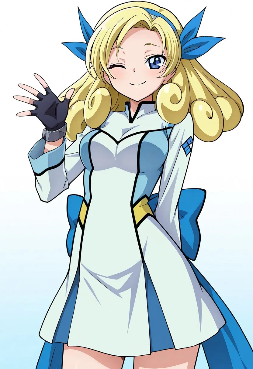 best quality, high quality, masterpiece, newest, anime, 1girl, solo, AllouPom, blonde hair, blue eyes, blue hairband, blue hair ribbons, long hair, forehead, raised bangs, curly hair, white and blue dress with yellow highlights, blue back bow, bare legs, fingerless glove, smiling, standing, contrapposto, winking, grinning, waving, hand behind back, fluttering dress, official art, medium breasts