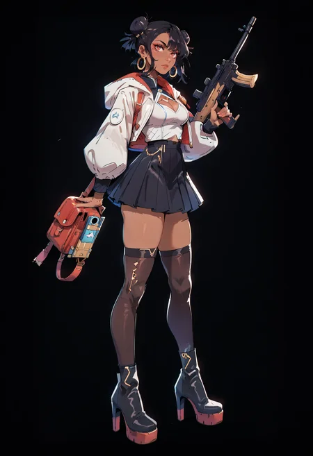 score_9, score_8_up, score_7_up,
<lora:VividCarnageV2:1> v1v1d,
1girl, solo, weapon, double bun, gun, hair bun, hood, skirt, thighhighs, earrings, jewelry, full body, black skirt, dark skin, thigh boots, dark-skinned female, red eyes, rifle, high heels, breasts, boots, standing, jacket, black hair, pleated skirt, looking at viewer, black thighhighs, zettai ryouiki, hood up, white jacket, puffy sleeves, high heel boots, assault rifle, hooded jacket, bag, submachine gun, cleavage cutout, miniskirt, clothing cutout, black background, hoop earrings, medium breasts, charm, (object)
