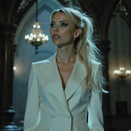 ethereal fantasy concept art of surrealist art analog photography, analog photo, a stunning woman in a gothic mansion, she's wearing a white women's suit, white blouse . A candid, close up shot <lora:Riley_Voelkel:1> rileyv . dreamlike, mysterious, provocative, symbolic, intricate, detailed, magnificent, celestial, ethereal, painterly, epic, majestic, magical, fantasy art, cover art, dreamy