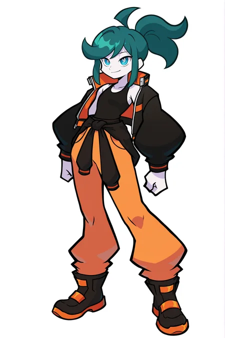 1girl, solo, dark teal hair, dark hair, colored skin, white skin, (reptile scale accents:0.7), medium hair, high ponytail, swept bangs, symmetrical sidelocks, ahoge, blue eyes,
([[medium]] small breasts, tall:1.2), light smile,
black tanktop, orange jumpsuit tied around waist, (cropped black jacket, black jacket:1.3), black boots, wearing cartoony clothing, futuristic clothing,
masterpiece, best quality, newest, absurdres, highres, sensitive, (yu gi o style:0.8), (panty and stocking style:0.8), (puyopuyo:1.2), (unknownspy:1.2), (hungry clicker:0.6) <lora:GGS:0.3> <lora:LennaILXL:1> LennaOC