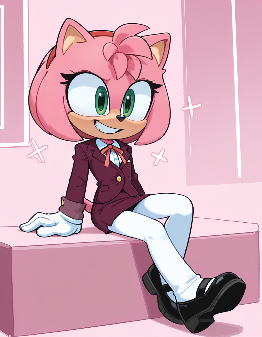 1girl, solo, full body, no humans,
<lora:Movie-Amy:1> movieamy, pink fur, green eyes, animal nose, body fur, hedgehog tail, petite, short legs, short hair, bob cut,
white gloves, <lora:KimKrab-IL:1.0> kimkrab,
receptionist outfit, button-up shirt, short blazer, skirt, white pantyhose, neck ribbon, sitting, back slightly reclined, cheerful grin, lively gaze, upbeat mood, extremely detailed, highres, masterpiece, best quality
