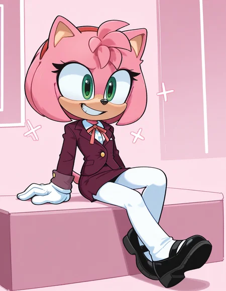 1girl, solo, full body, no humans,
<lora:Movie-Amy:1> movieamy, pink fur, green eyes, animal nose, body fur, hedgehog tail, petite, short legs, short hair, bob cut,
white gloves, <lora:KimKrab-IL:1.0> kimkrab,
receptionist outfit, button-up shirt, short blazer, skirt, white pantyhose, neck ribbon, sitting, back slightly reclined, cheerful grin, lively gaze, upbeat mood, extremely detailed, highres, masterpiece, best quality