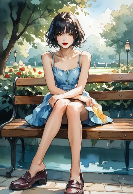 score_9, score_8_up,score_7_up, score_6_up, score_5_up, score_4_up, watercolor painting of
cute girl in yellow.sundress, black bangs, red lipstick, white skin
((Sitting on a bench in a park),
(Slender body smooth),ng_deepnegative_v1_75t, easynegative, negative_hand, ArsMJStyle, Watercolor, shoe dangle, loafers