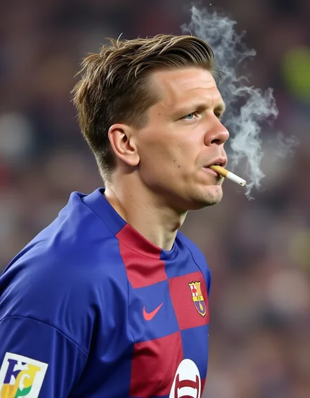 <lora:wojtek-szczesny-000004:1> wojtek szczesny in goal with a cigarette in his mouth, barcelona team