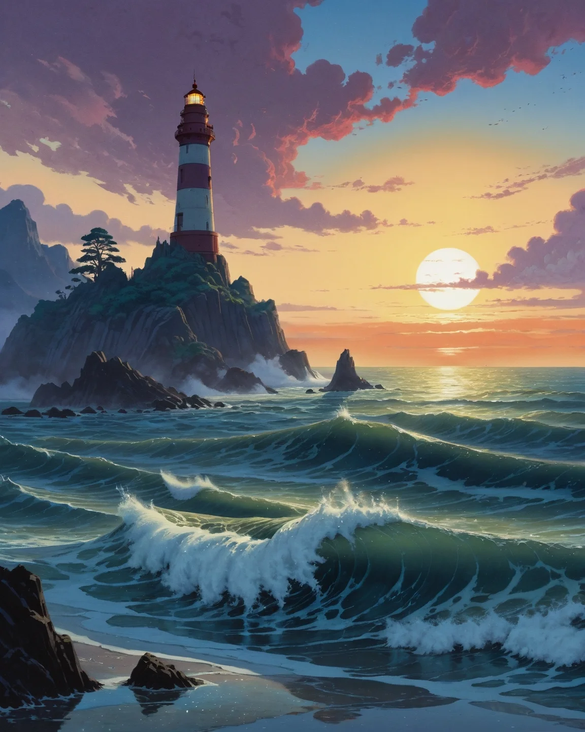 ethereal fantasy concept art of anime artwork Hiroshi Yoshida (woodblock seascapes), frozen brash ice slurry, volcanic sunset purple afterglow, fish schooling shadows, glitter path sun track, siren song bioluminescence,,phantom lighthouse deceptions luring ships onto razor rock illusion shores through hypnotic beam patterns maintained by siren song engineers, Renaissance style, Realistic, perspective, light and shadow, religious or mythological themes, highly detailed,,
<lora:iLLMythG0thicL1nes:0.5> G0thicL1nes,
<lora:extremely_detailed:0.7> extremely detailed ,
<lora:add-detail-xl:0.7>,
<lora:softdigital2x2:0.15>,
<lora:EpicF4nta5yXL:0.3>, . anime style, key visual, vibrant, studio anime, highly detailed . magnificent, celestial, ethereal, painterly, epic, majestic, magical, fantasy art, cover art, dreamy