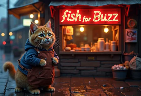 a realistic picture, , ((cute orange cat wearing hoodie with apron standing in front of his fish stall in fish market, on top of his street stall ,The neon signs glow warmly reads "fish for Buzz ", creating a nostalgic atmosphere (dynamic lighting:1,0), background, rainy night ,(intricate details,naturalism,hyperdetailed,hyperrealistic:1.55)
mvpstrCE style
((((Display the text "BUY MY FISH PLEASEE.. " on a movie poster)))). no human