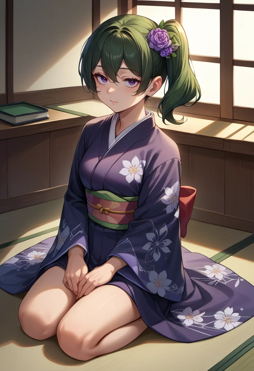 score_9, score_8_up, source_anime, 1girl, solo, UbelFrieren, purple eyes, dark green hair, medium hair, side ponytail, indoors, kimono, hair flower, floral print, wariza, sitting, kneeling, <lora:CHAR-UbelPonyXL:1>