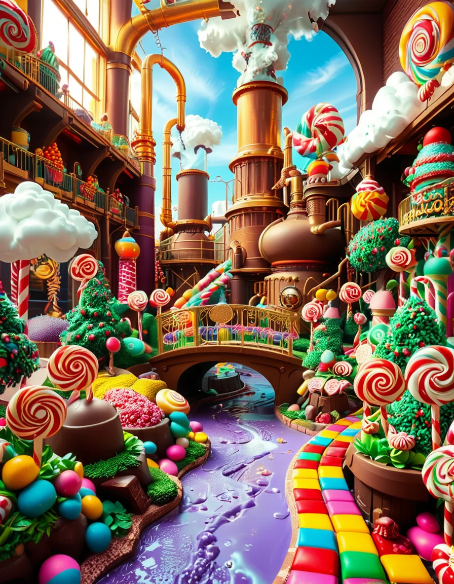 A whimsical and magical photo of Willy Wonkaâs Chocolate Factory. The scene captures the exterior of the factory, featuring a towering, fantastical building with colorful, crooked chimneys puffing out clouds of candy-scented steam. The walls are made of vibrant bricks in shades of purple, gold, and red, with intricate candy-inspired patterns carved into the structure. A large, ornate gate made of swirling lollipop shapes stands at the front, with the name "Willy Wonka" emblazoned in gold letters. Surrounding the factory is a lush, surreal landscape filled with oversized candy canes, gumdrop bushes, chocolate rivers, and trees made of cotton candy. The sky is bright and cheerful, with fluffy clouds that resemble whipped cream. The entire setting feels magical, playful, and inviting, full of bright, saturated colors and incredible, dreamlike details that spark the imagination.
<lora:SDXLFaeTastic2400:0.4> <lora:extremely_detailed:0.4> extremely detailed, <lora:Willy_W0nk4_chocolate_f4ct0ry:1>,Willy W0nk4 chocolate f4ct0ry, Masterpiece,best quality,hi res,8k,hi res,8k,award winning,(sharp focus, intricate, highly detailed),