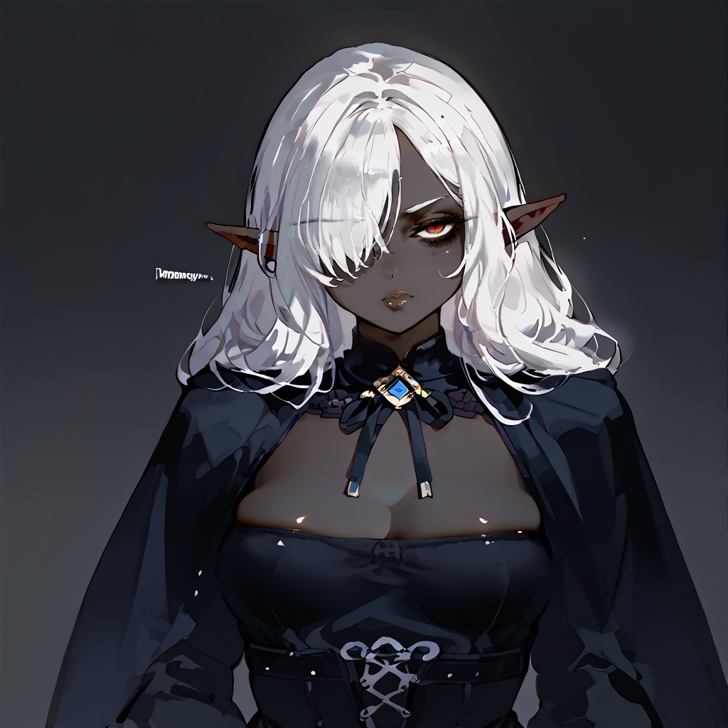 score_9, score_8_up, score_7, score_6, score_5, Score_4, rating_safe,
1girl, solo, female, (dark elf),drow, mature female, motherly, mommy,
(((black skin))), (Midnight skin), ((dark skin)), (skindentation),
long hair, (white hair), ((hair over one eye)), (blunt bangs), red eyes,
seductive eyes,
thick lips,closed mouth, prideful aroused, horny, ((tired)), (sad), (bags under eyes), (annoyed),
((medium breasts)),
robes,
standing, default pose,
blank background, empty background,
arms behind back,
((headshot)), (portrait), (In the style of Leonardo da Vinci),
<lora:Vanillaware_all_in_one_PonyXL_style_v01:0.4>,  <lora:Turtle.Fish.Paint_Hirame_Sensei_Assorted_Doujins_Art_Style_Blend_PonyXL:0.6>,  <lora:style_nijiserenepastel:0.3> style,  <lora:Syvaron:0.2>,  <lora:ratatatat74_mr.skulls_MY_HERO_HAREM_Doujin_Artstyle_PonyXL:0.5> <lora:ra_xl_v2:0.6>
<lora:ntl_pdxl:0.5> ntl_style <lora:Drow_Female_-_Sinue:0.5> <lora:IlyaKuvshinovXL:1>