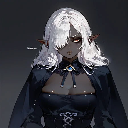 score_9, score_8_up, score_7, score_6, score_5, Score_4, rating_safe,
1girl, solo, female, (dark elf),drow, mature female, motherly, mommy,
(((black skin))), (Midnight skin), ((dark skin)), (skindentation),
long hair, (white hair), ((hair over one eye)), (blunt bangs), red eyes,
seductive eyes,
thick lips,closed mouth, prideful aroused, horny, ((tired)), (sad), (bags under eyes), (annoyed),
((medium breasts)),
robes,
standing, default pose,
blank background, empty background,
arms behind back,
((headshot)), (portrait), (In the style of Leonardo da Vinci),
<lora:Vanillaware_all_in_one_PonyXL_style_v01:0.4>, <lora:Turtle.Fish.Paint_Hirame_Sensei_Assorted_Doujins_Art_Style_Blend_PonyXL:0.6>, <lora:style_nijiserenepastel:0.3> style, <lora:Syvaron:0.2>, <lora:ratatatat74_mr.skulls_MY_HERO_HAREM_Doujin_Artstyle_PonyXL:0.5> <lora:ra_xl_v2:0.6>
<lora:ntl_pdxl:0.5> ntl_style <lora:Drow_Female_-_Sinue:0.5> <lora:IlyaKuvshinovXL:1>