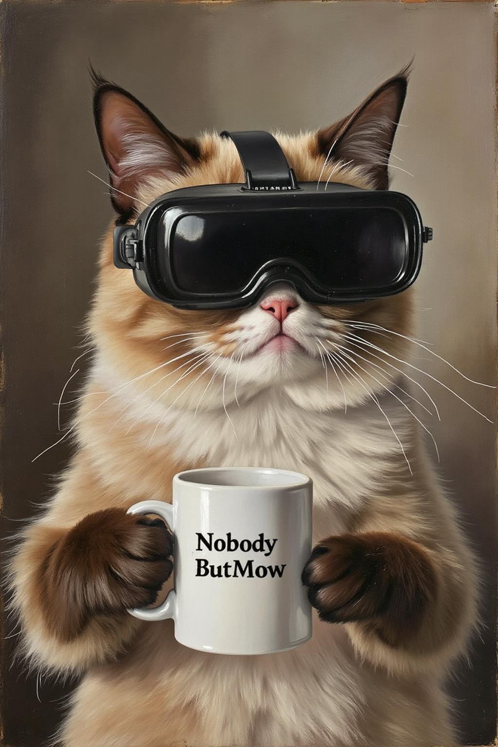 lauritsandersenring1 painting. Grumpy Cat holding a coffee mug, wearing a VR Headset. The mug has the phrase "NobodyButMeow" printed  <lora:lauritsandersenring1_cap_d8a4e13:1.0><lora:857035157318704771:0>