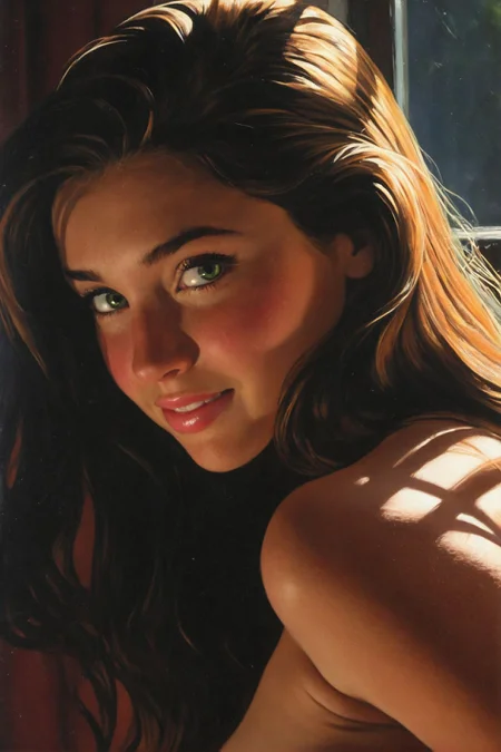 [by ((((Larry Elmore)) and Michael Ackerman) and Dorina Costras): (high detail raw amateur photograph, skin pores, realistic skin detail, puffy pink nipples, sultry smile, erect nipples):0.65], 18 year old female Olympian, viewed from an angle, face and breast focus, sultry smirk, [perfect eyes: perfect ( (green:0.75) :1.20) eyes:0.99], (shadow and sunlight from a window:0.60)
<lora:novuschroma pastels on black 2:0.35> <lora:Hyperdetailed Colored Pencil v2:0.25> <lora:EnvyStudioPortraitXL01:0.25>
