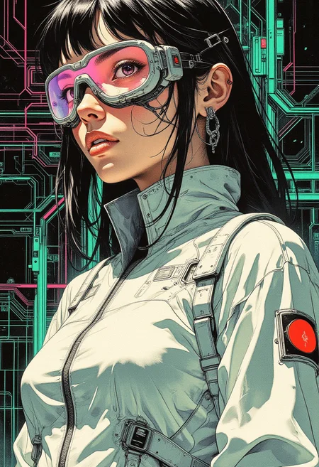 A highly detailed digital illustration of a striking cyberpunk woman. She has fair skin and an intense, futuristic presence, with straight, jet-black hair styled in a high bun, loose strands framing her face. She wears oversized, iridescent aviator goggles with a sleek, translucent sheen, reflecting the vibrant hues of the cybernetic world around her. Her attire is pure white—a high-collared, form-fitting jacket with intricate embossed detailing, layered with crisp white metallic chains and futuristic clasps. The fabric shimmers subtly, enhancing its ultra-modern aesthetic. The background is a deep, luxurious velvet shade, pulsating with glowing cyber-futuristic patterns—neon green fractal grids, electric blue circuitry veins, and chaotic magenta waveform distortions—forming an otherworldly digital tapestry. The luminous, toxic colors contrast dramatically against her pristine attire, heightening the fusion of elegance and high-tech rebellion. The illustration captures a perfect balance of anime-inspired cyberpunk aesthetics, with a focus on razor-sharp details, dynamic lighting, and a striking visual interplay between purity and chaos.