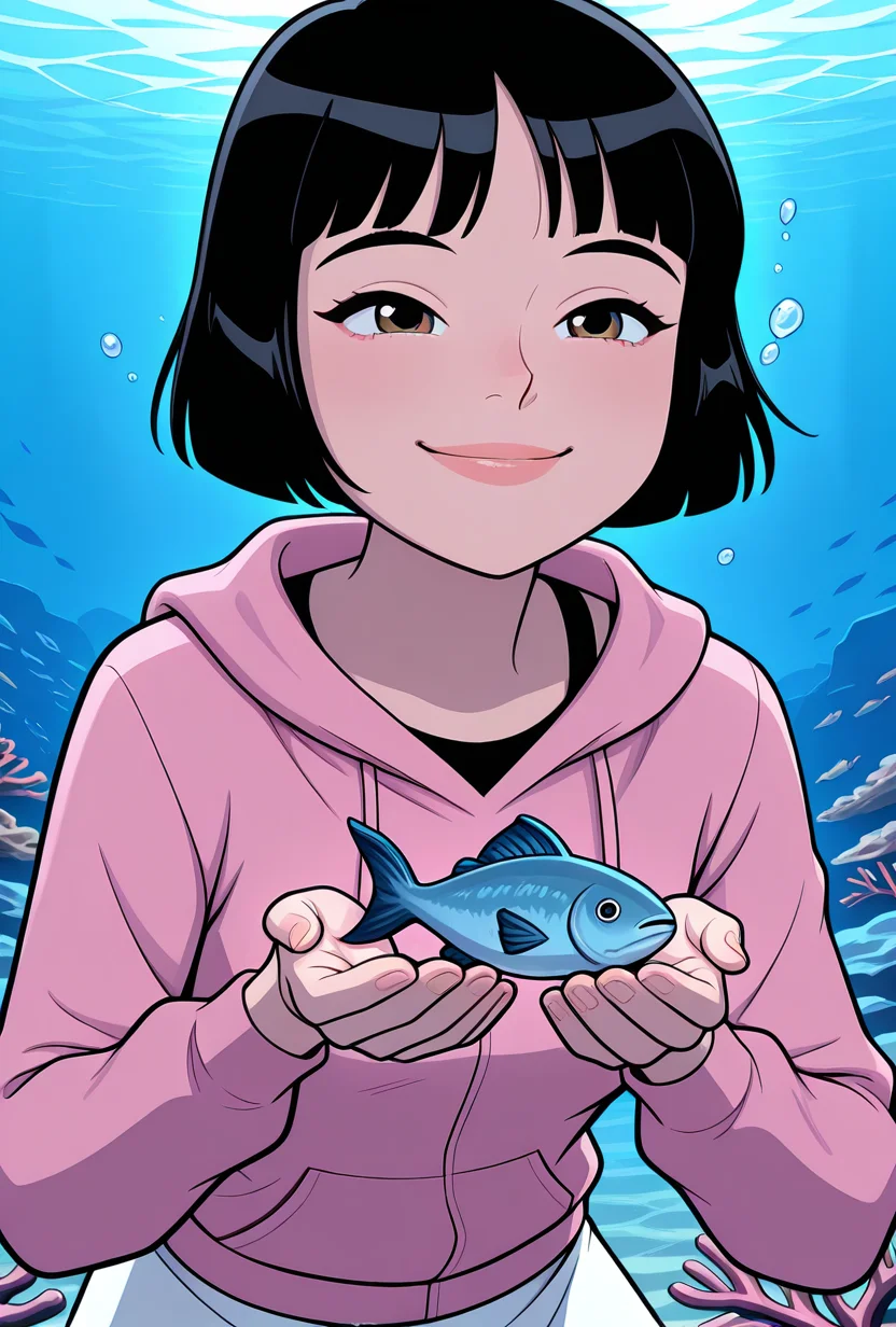 cartoon, screencap, <lora:julieaf:1> julieaf, 1girl, short hair, black hair, lips, white skirt, pink hoodie long sleeves, hoodie over skirt , smile, expressive face, underwater, holding breath, crouching, fish, coral, sea weed, subanutica, masterpiece, best quality, amazing quality, very aesthetic, absurdres, newest,, upper body, halftone effect, white borders, abstract background:1.2,