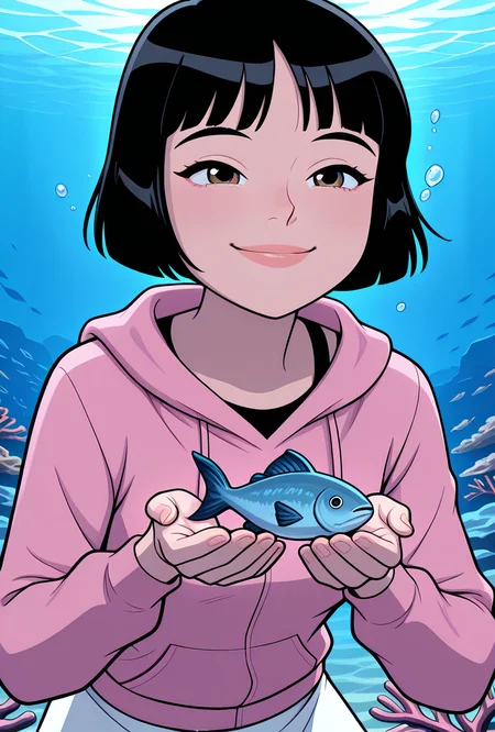 cartoon, screencap, <lora:julieaf:1> julieaf, 1girl, short hair, black hair, lips, white skirt, pink hoodie long sleeves, hoodie over skirt , smile, expressive face, underwater, holding breath, crouching, fish, coral, sea weed, subanutica, masterpiece, best quality, amazing quality, very aesthetic, absurdres, newest,, upper body, halftone effect, white borders, abstract background:1.2,