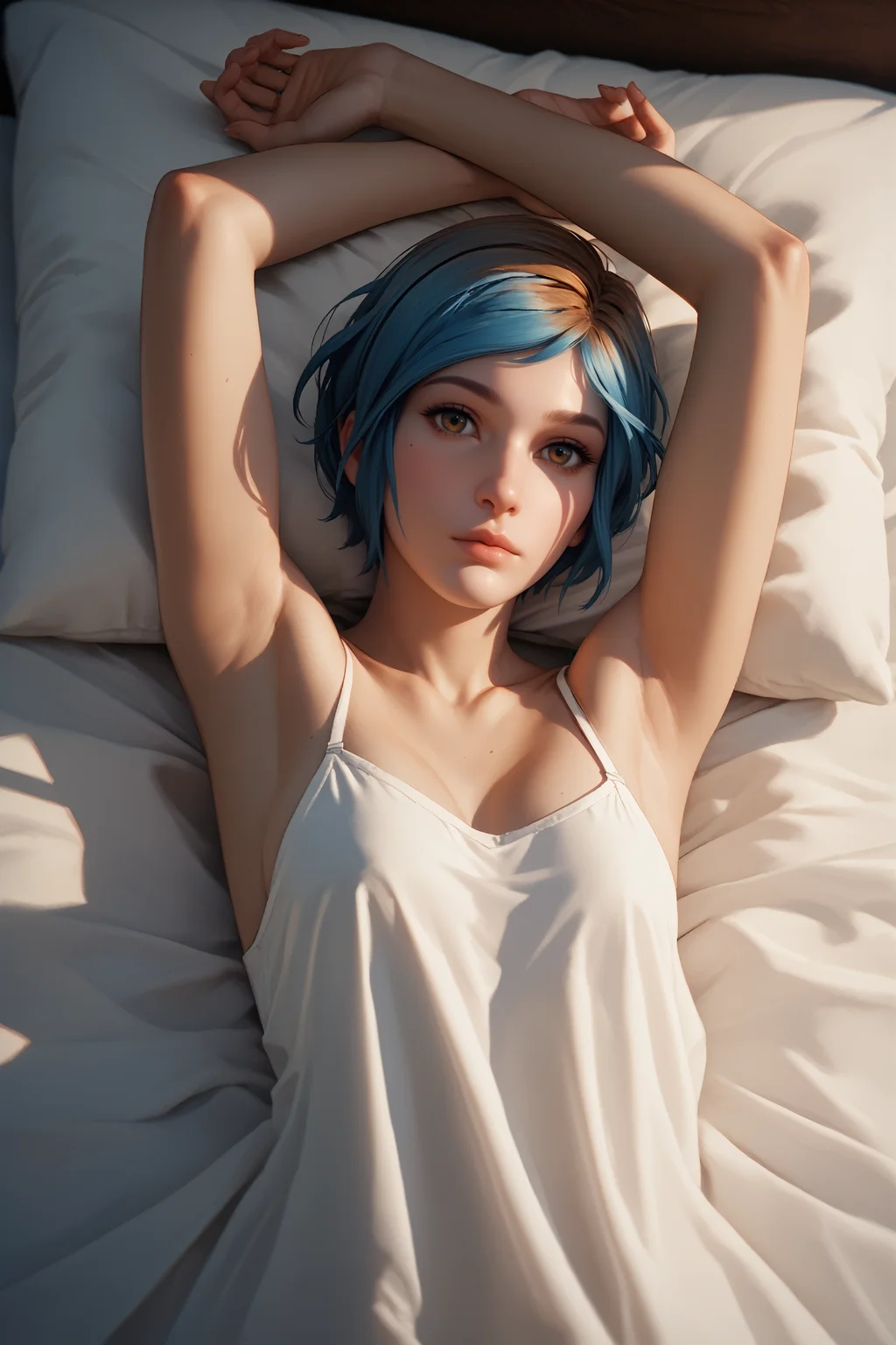 score_9, score_8_up, score_7_up, score_6_up
<lora:LISChloe:0.9>
LISChloe, 1girl, blue hair, hazel eyes, short hair, laying back, on bed, arms up