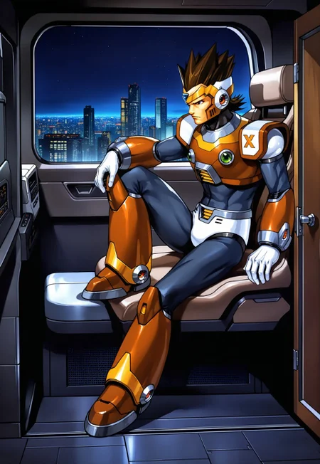 safe_pos, masterpiece, best quality, amazing quality, very aesthetic, absurdres, newest, jhunteribilxl, jhunterilxl, 1boy, male focus, Mega Man X (series), android, mature male, clean shaven, tall raised hair, brown hair, (metallic armor, brown armor, circlet), toned male, tall, full body, night, futuristic cityscape, serious expression, view from the side, sitting, inside futuristic car, open door, leg up