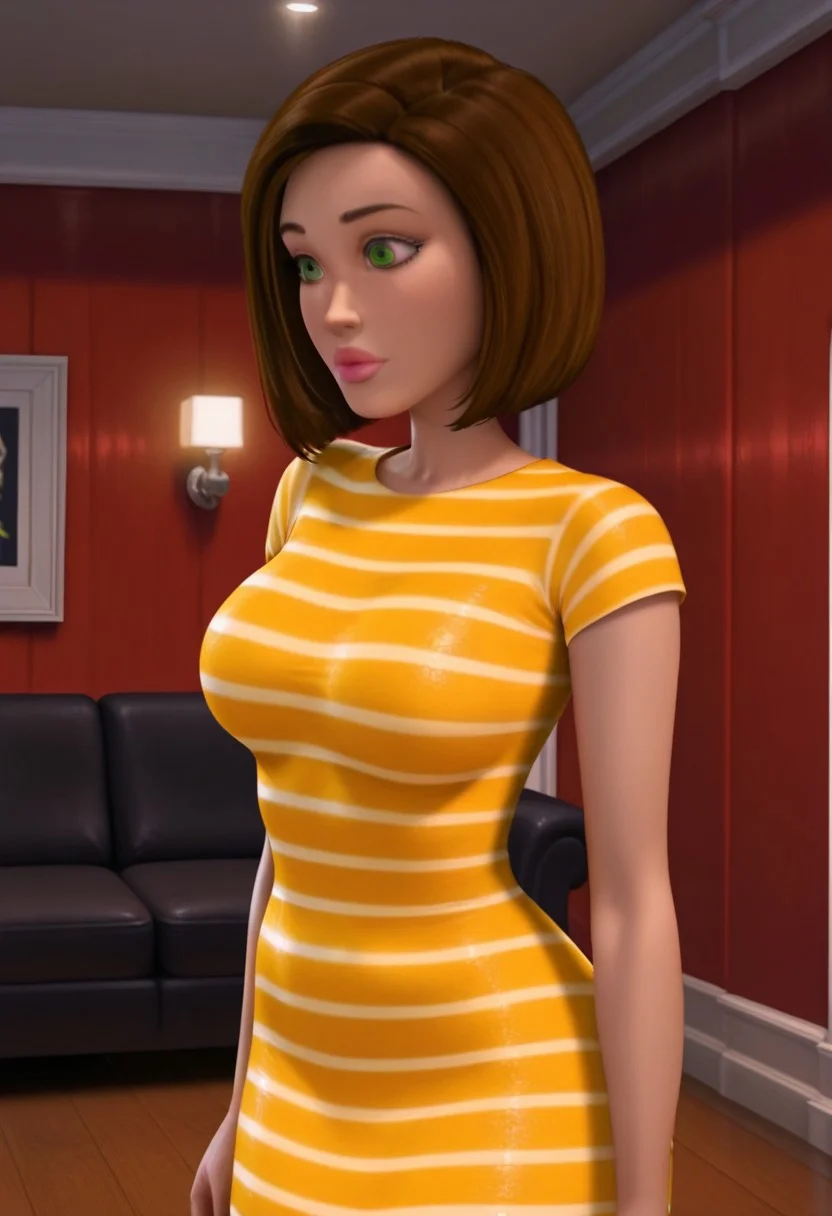 illustriouslogan,
solo, Vanessa Bloome, short hair, brown hair, green eyes, pink lips, yellow striped dress, short sleeves, large breasts, standing, close up, indoor house, black couch, red walls, brown floor, white lights,