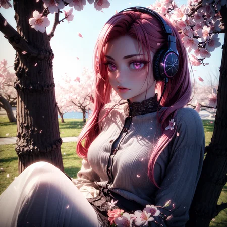 (3d render:1.5), <lora:G_G2.0:1> Goth girl, Goth girl 1girl, <lora:backlight_slider_v10:-1> <lora:add_detail:0.6>
a serene scene of a woman sitting on a tree branch surrounded by blooming cherry blossoms, wearing headphones, listening to music, soft sunlight filtering through the pink petals, gentle breeze, realistic details, high-definition, intricate fabric textures, flowing hair, serene expression, glowing soft light, dynamic lighting, vibrant colors, romantic atmosphere, delicate butterflies, ultra-detailed, cinematic composition, gentle shadows, ethereal and peaceful, warm pastel tones