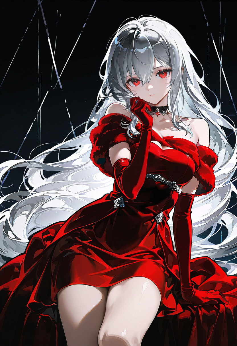 1girl,solo,looking at viewer,ikeda ruriko,velvet dress, elbow gloves, bare shoulders, red dress, red gloves, skadi_(arknights)